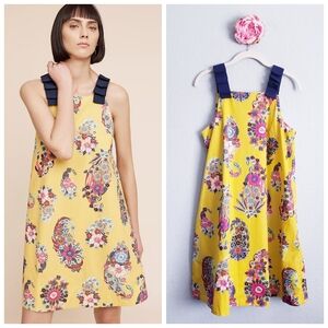 Anthropologie Yellow Floral Dress with Navy Straps